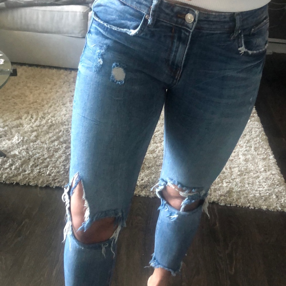 Zara Mid-blue Distressed Ripped with Frayed Hem